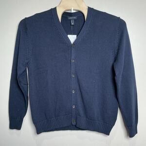 LANDS' END Women’s 100% Cotton‎ Knit Cardigan Sweater LARGE Navy Blue Grandma